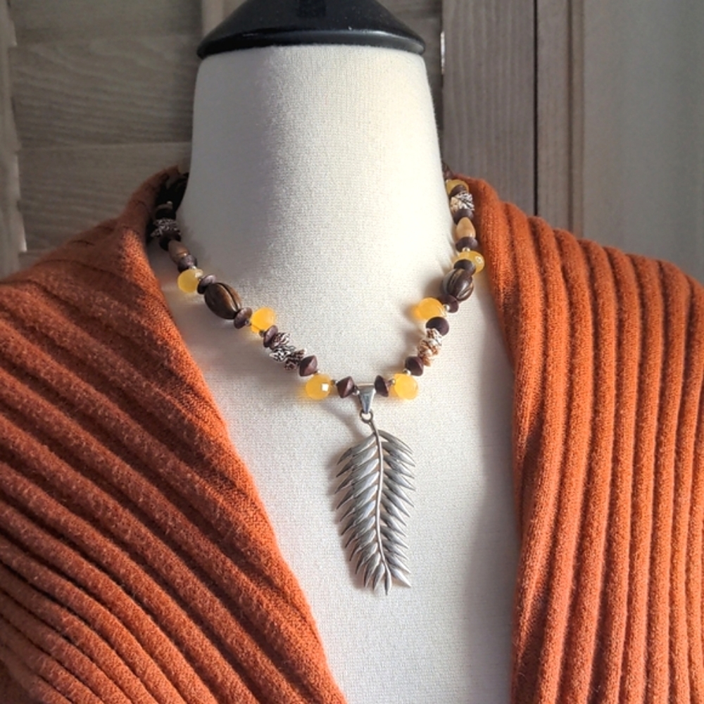 Sterling silver leaf pendant necklace wood and citrine
